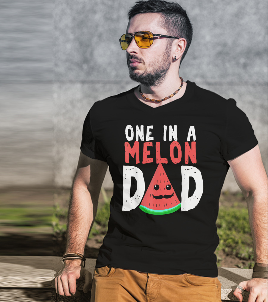One In A Melon Dad Funny Watermelon Mustache Smiling Block Letters T-Shirt