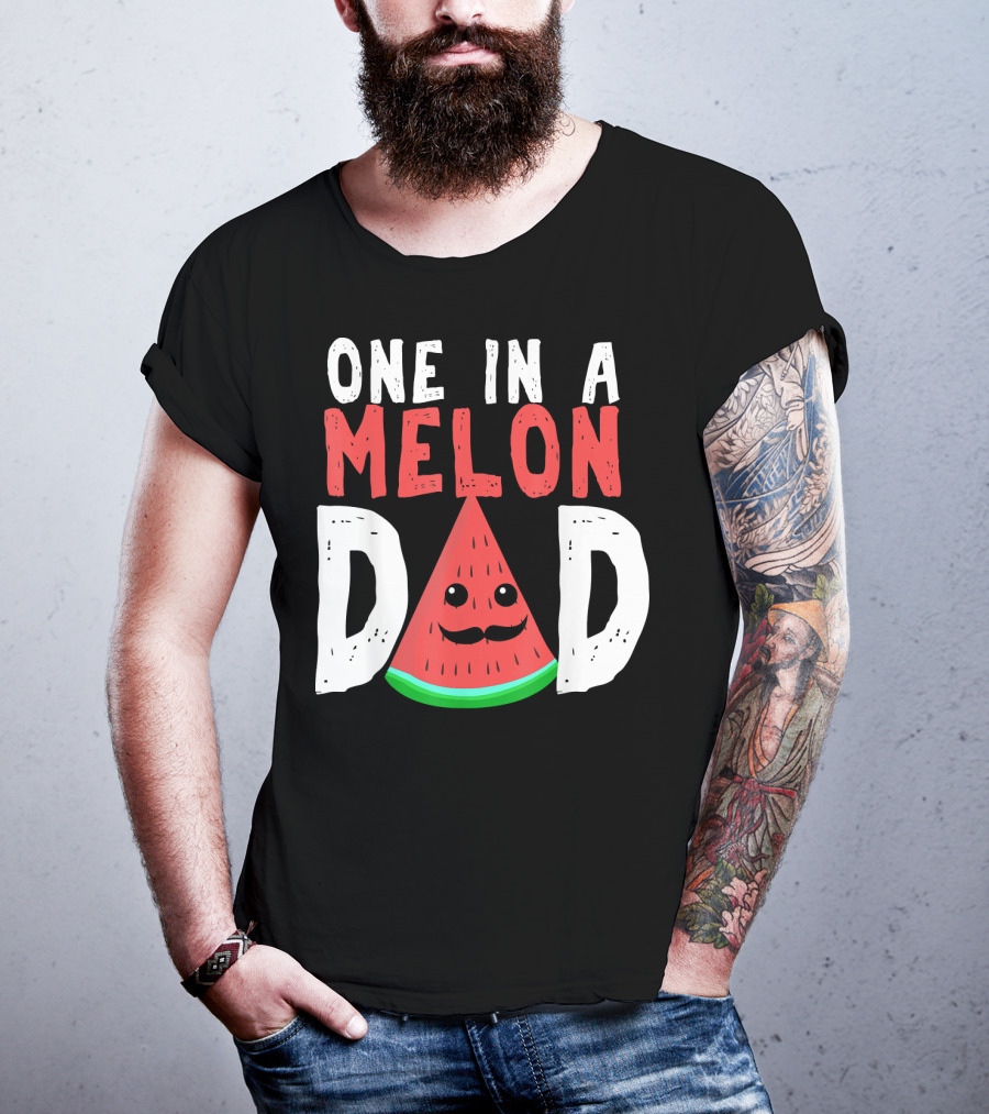 One In A Melon Dad Funny Watermelon Mustache Smiling Block Letters T-Shirt