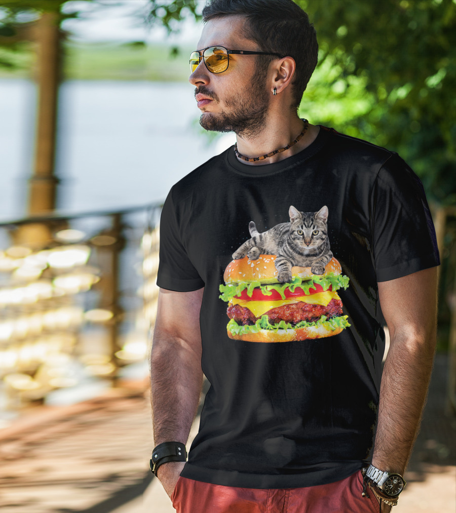 Funny Space Cat On Giant Hamburger T-Shirt