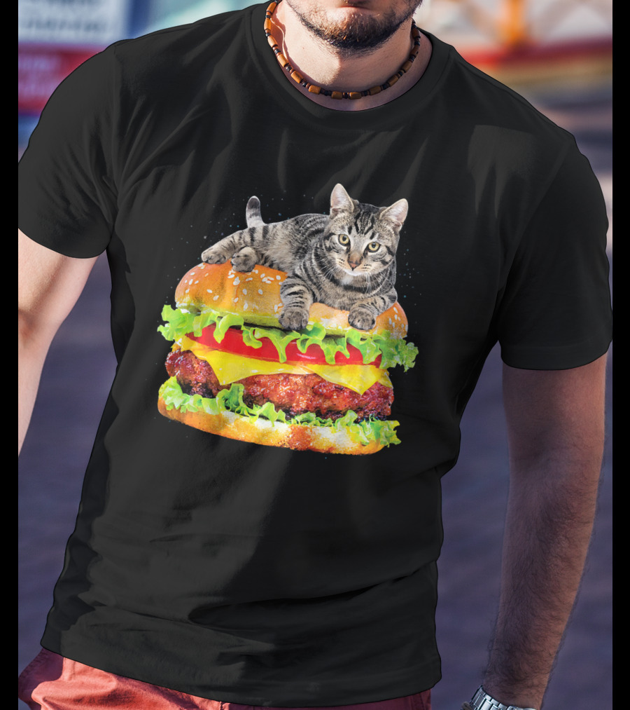 Funny Space Cat On Giant Hamburger T-Shirt