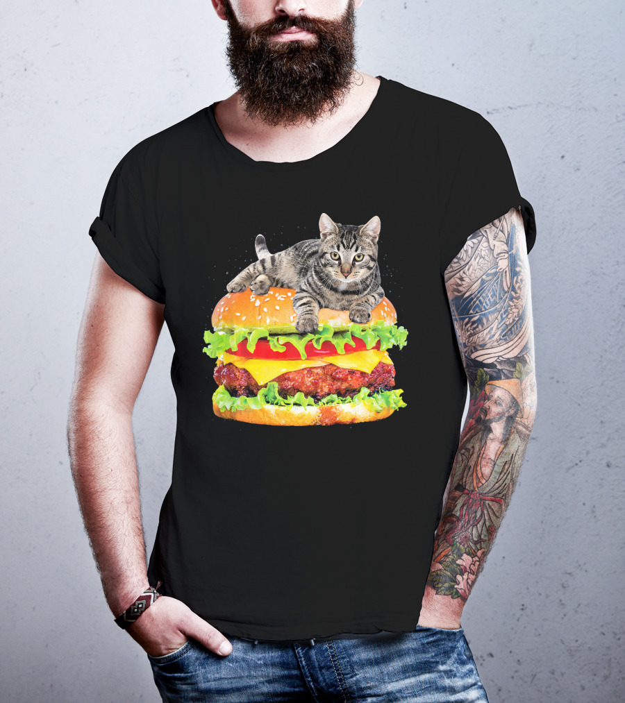 Funny Space Cat On Giant Hamburger T-Shirt