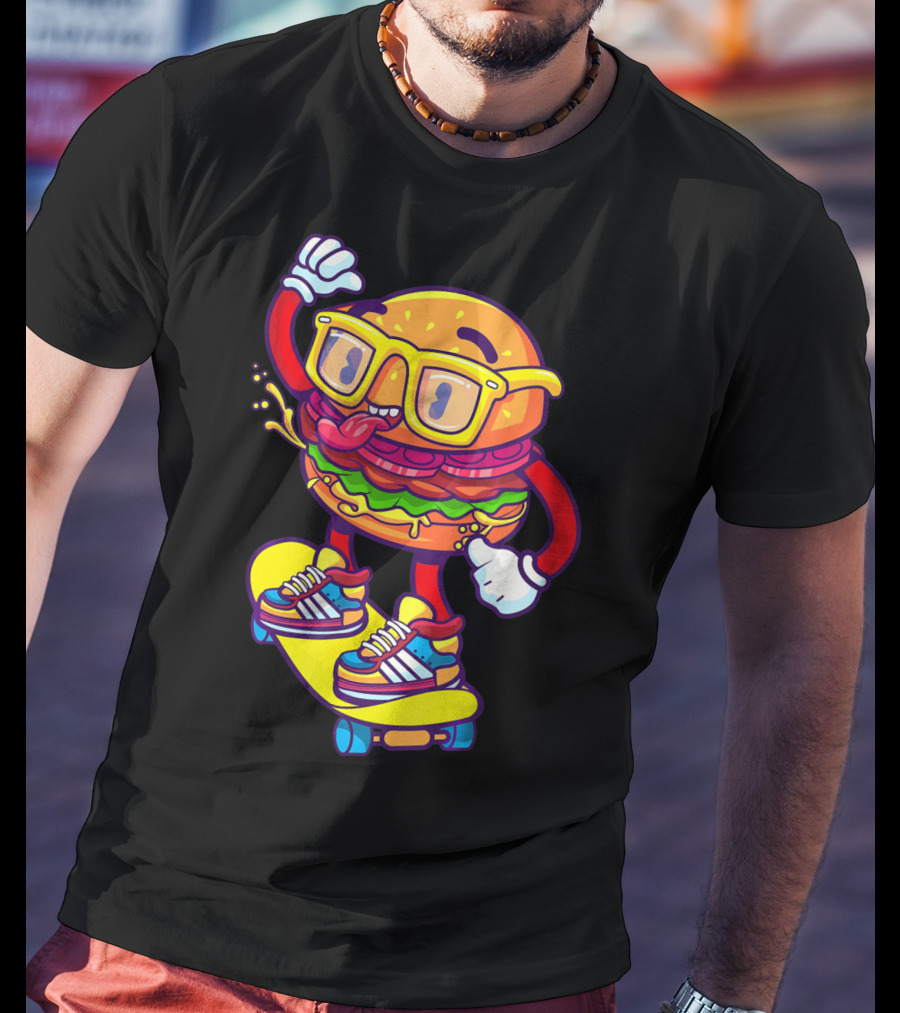 Skateboarding Cheeseburger Cartoon With Glasses And Sneakers T-Shirt