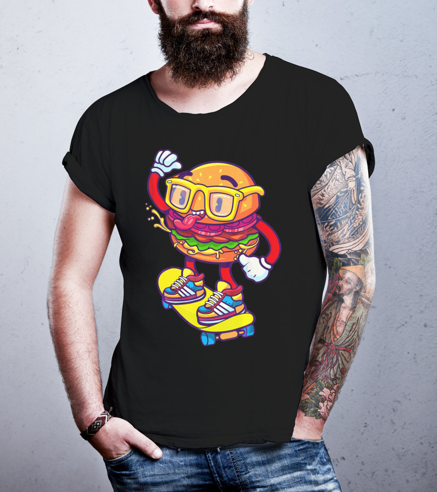 Skateboarding Cheeseburger Cartoon With Glasses And Sneakers T-Shirt