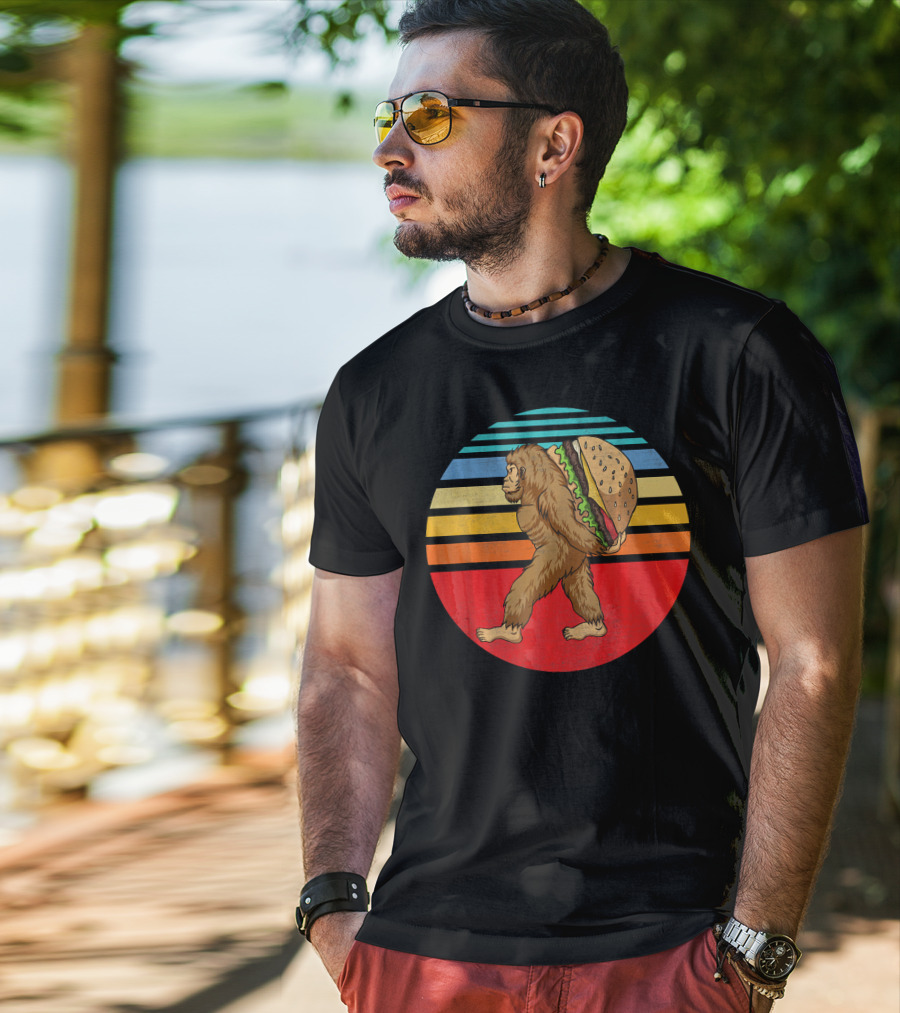 Vintage Bigfoot Carrying Hamburger Retro Stripes T-Shirt