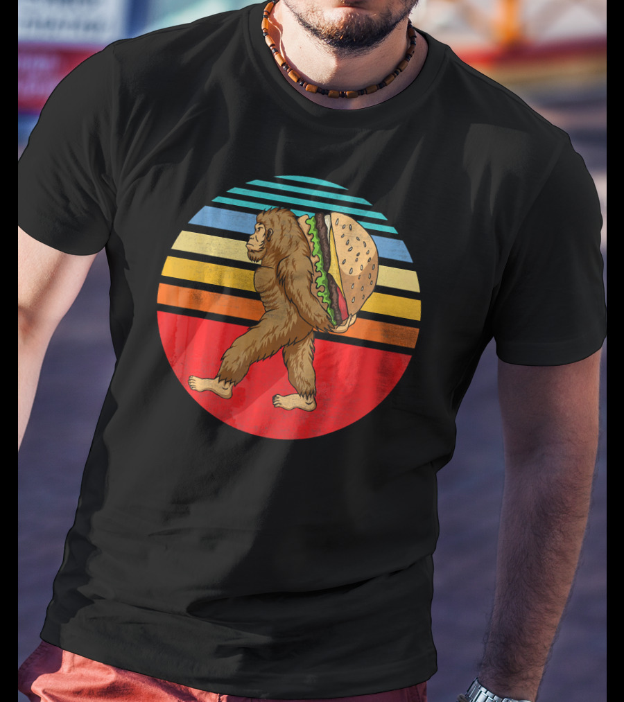 Vintage Bigfoot Carrying Hamburger Retro Stripes T-Shirt