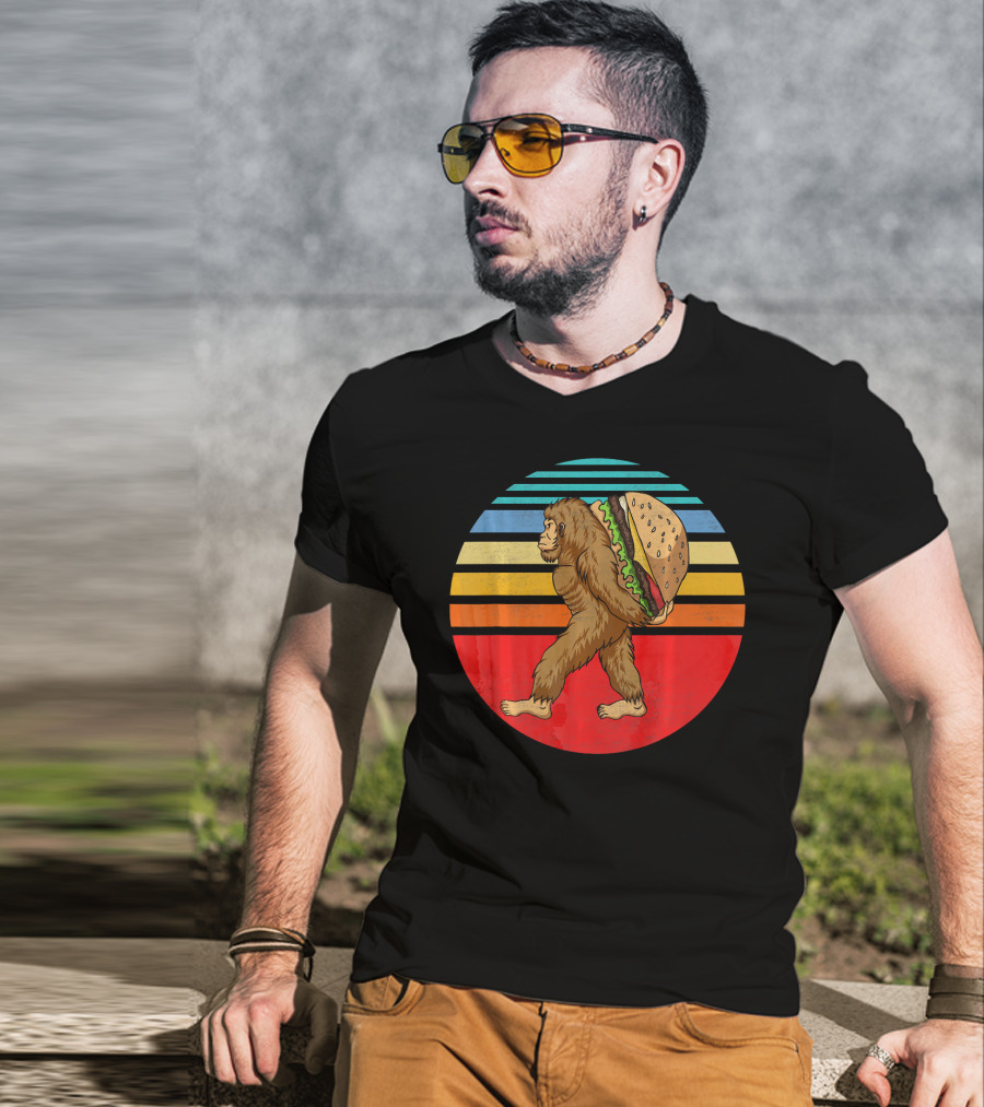 Vintage Bigfoot Carrying Hamburger Retro Stripes T-Shirt