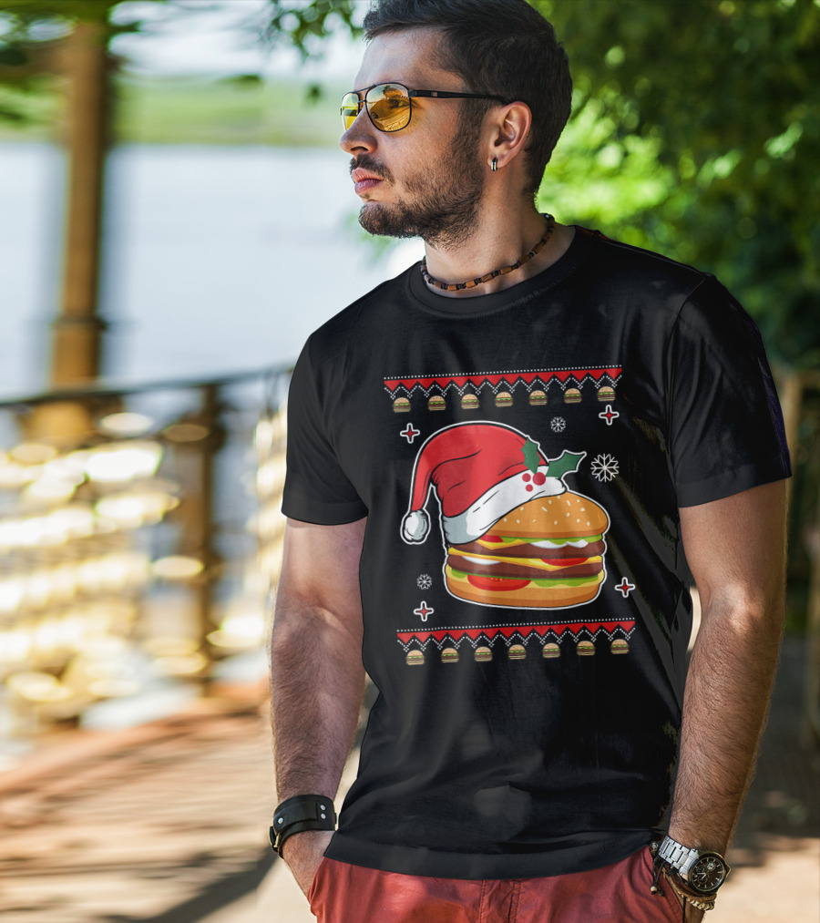 Santa Hat Hamburger Christmas Ugly T-Shirt
