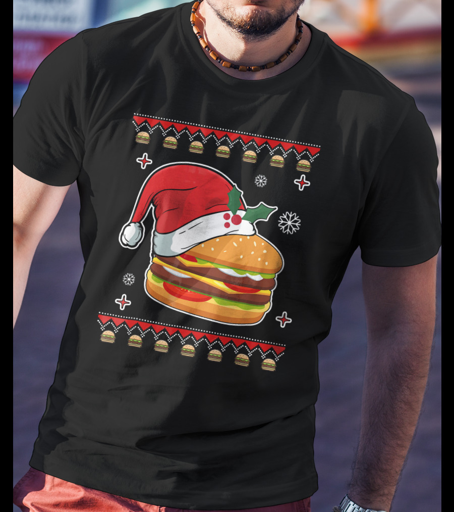Santa Hat Hamburger Christmas Ugly T-Shirt