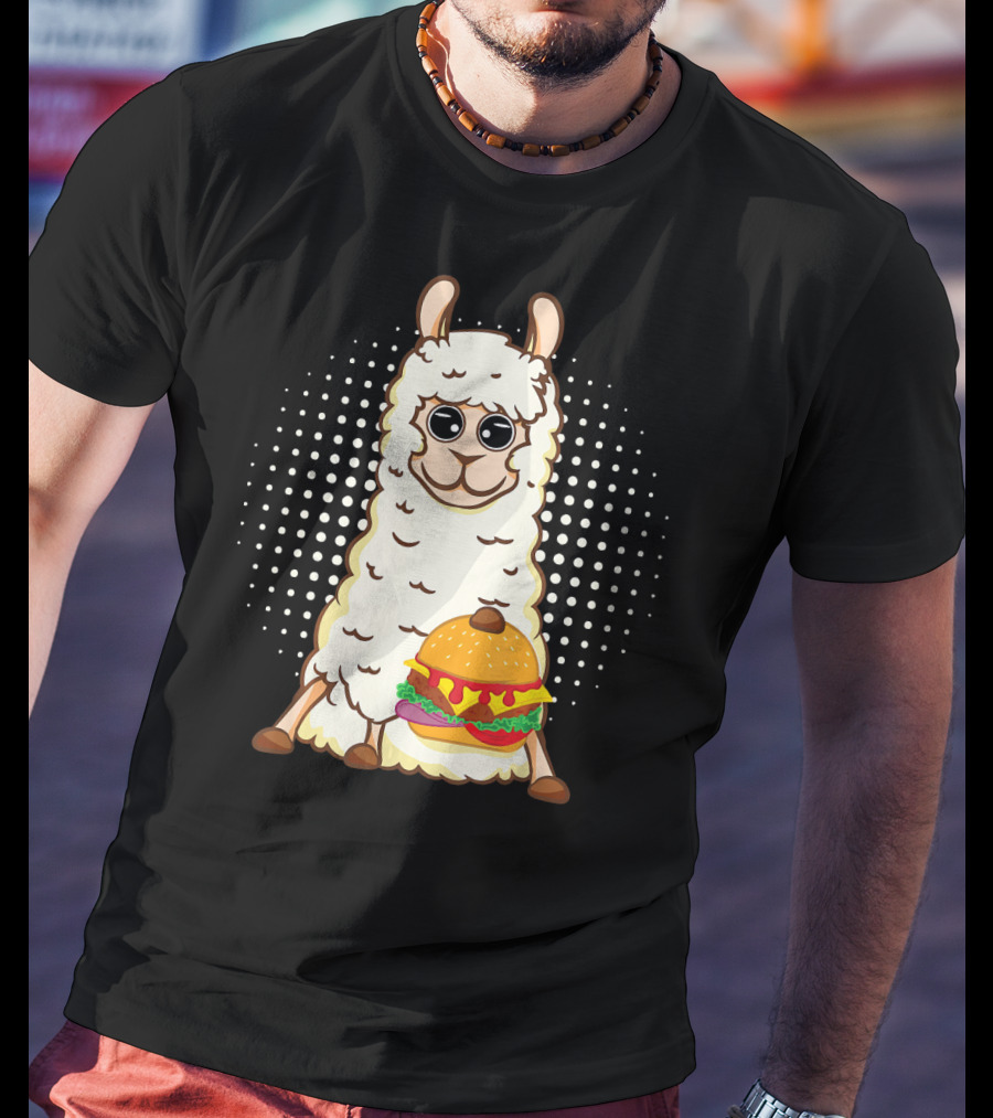 Llama Surprise Funny Sitting With Giant Burger T-Shirt