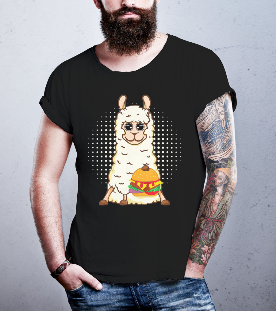 Llama Surprise Funny Sitting With Giant Burger T-Shirt