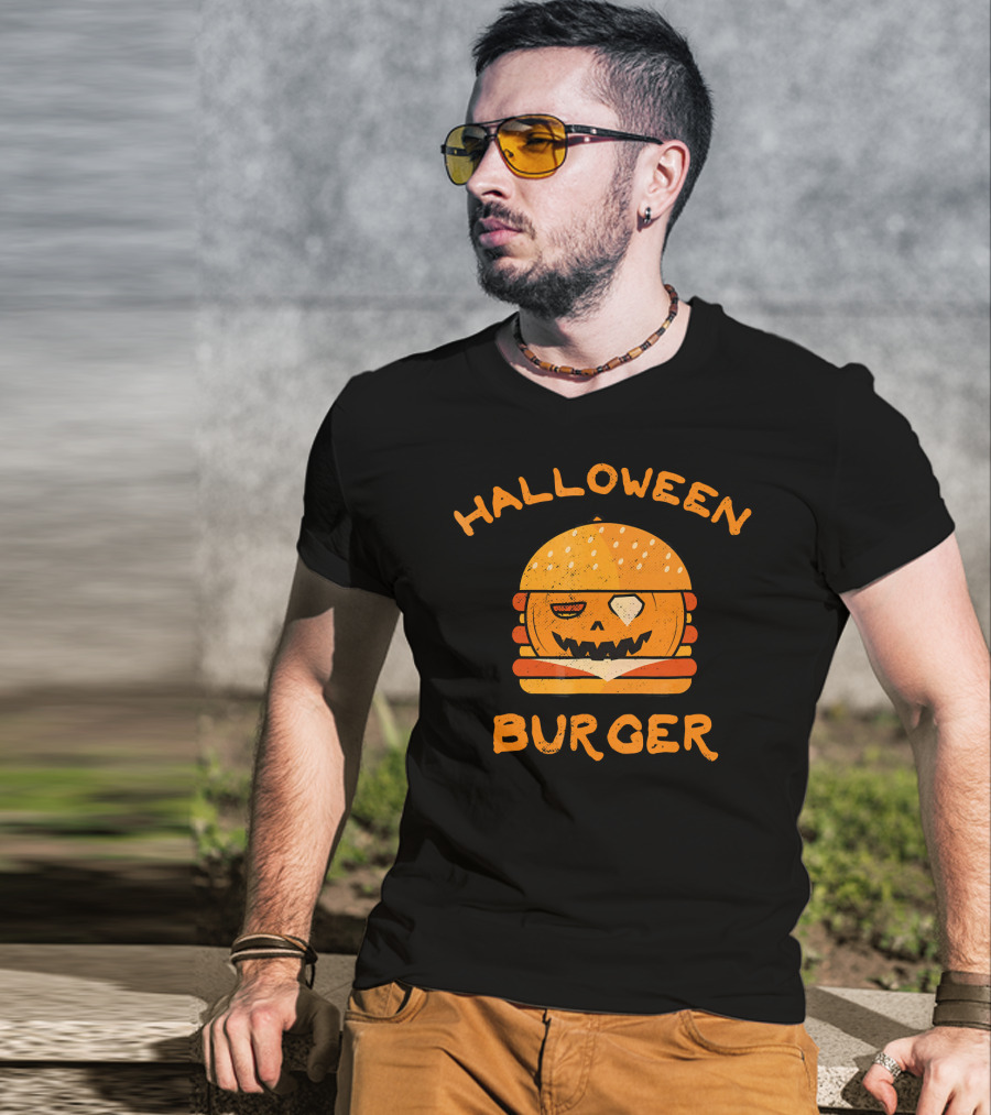 Halloween Pumpkin Burger Jack-O'-Lantern Face T-Shirt