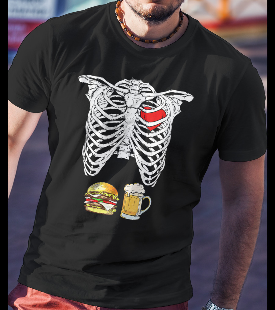 Ribcage Xray Skeleton With Heart Burger And Beer T-Shirt
