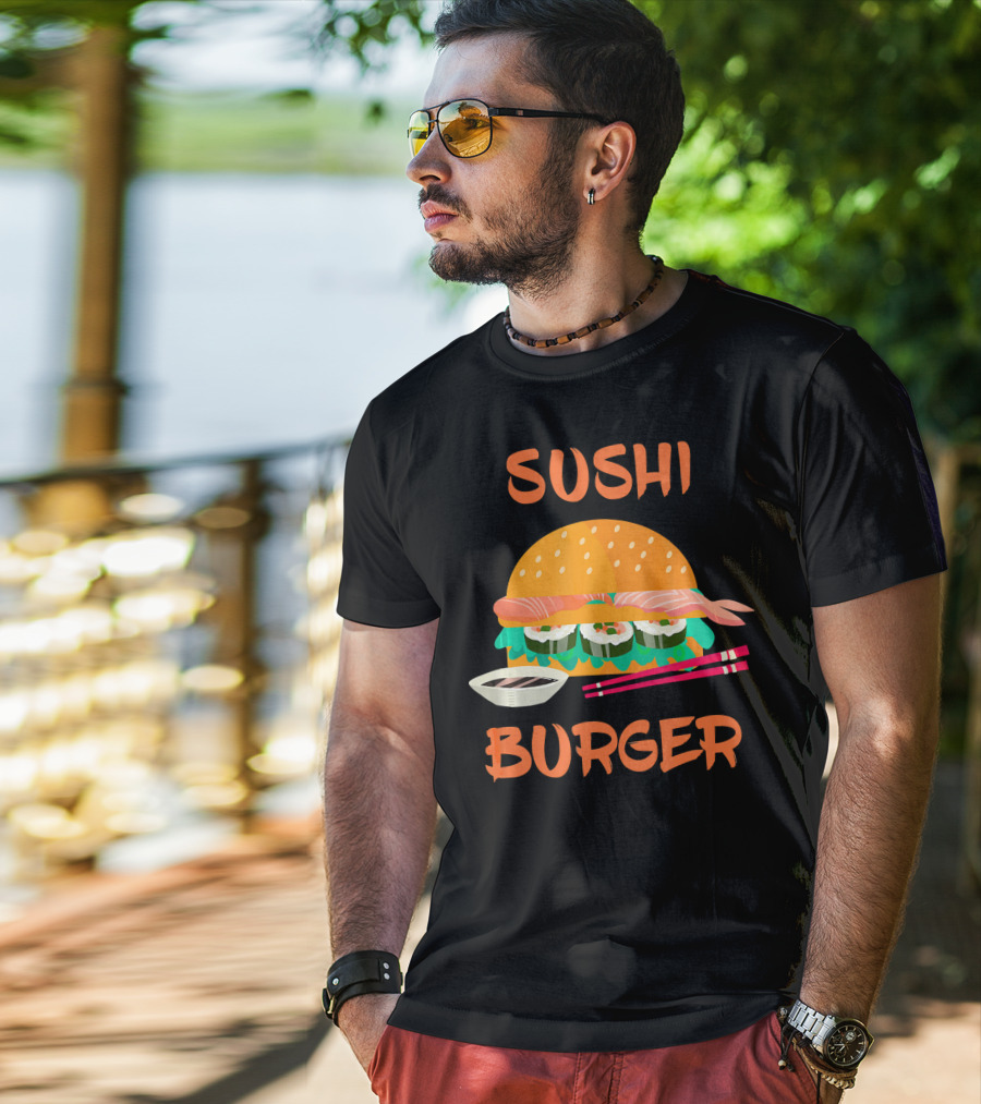 Sushi Burger Japanese Food Hamburger Fusion With Rice Rolls And Chopsticks T-Shirt