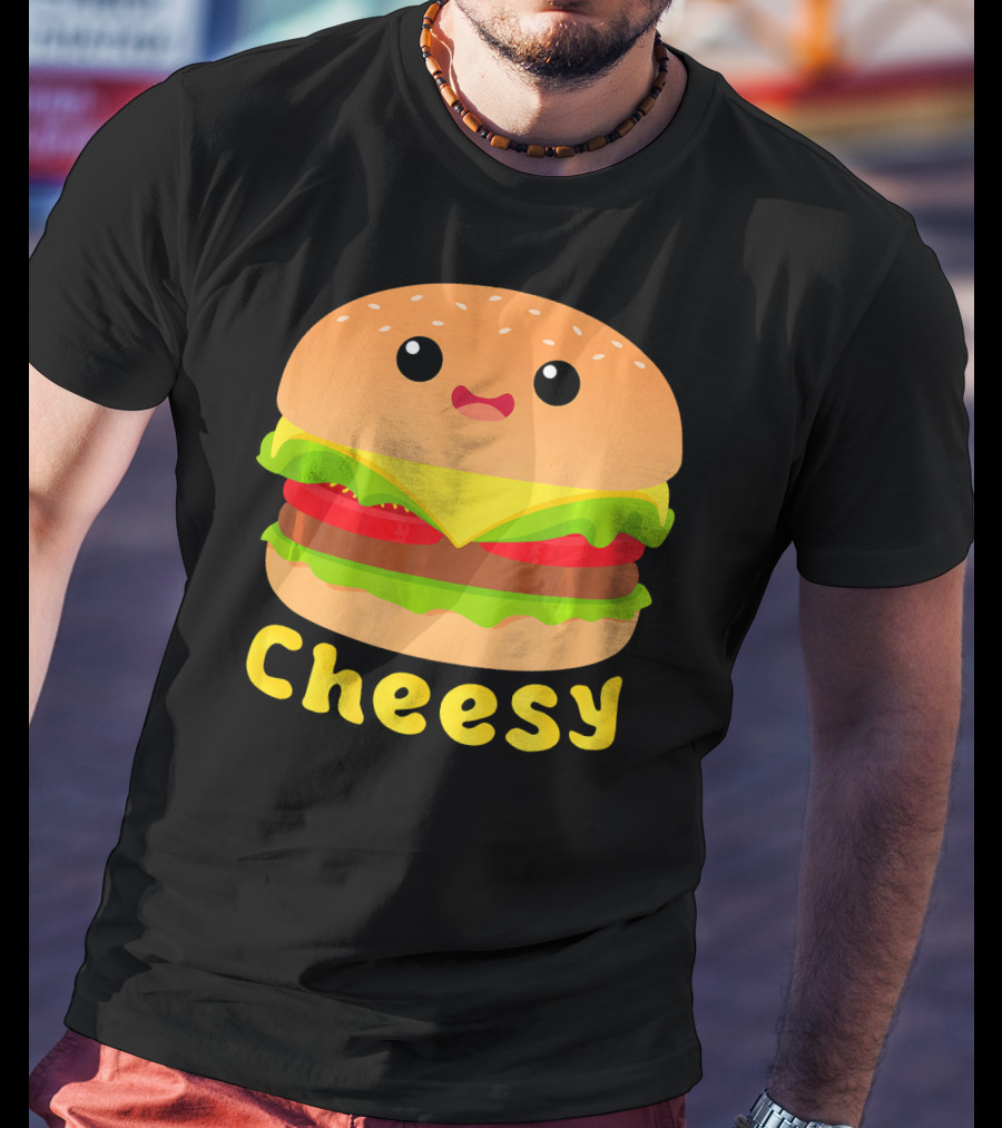 Cheesy Cute Funny Cheese Burger Food Pun Adorable Smiling Burger T-Shirt