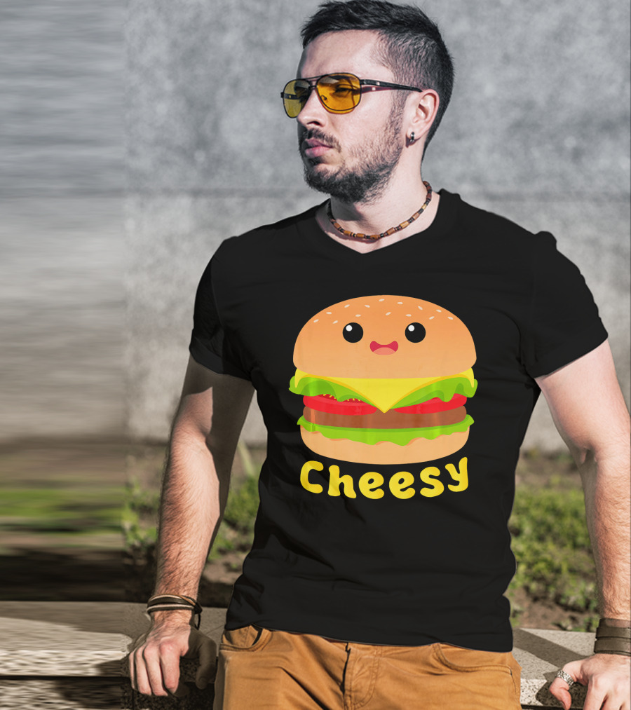Cheesy Cute Funny Cheese Burger Food Pun Adorable Smiling Burger T-Shirt