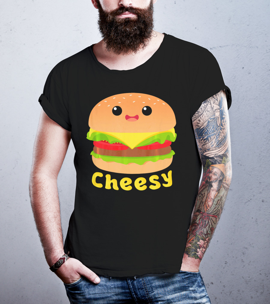 Cheesy Cute Funny Cheese Burger Food Pun Adorable Smiling Burger T-Shirt