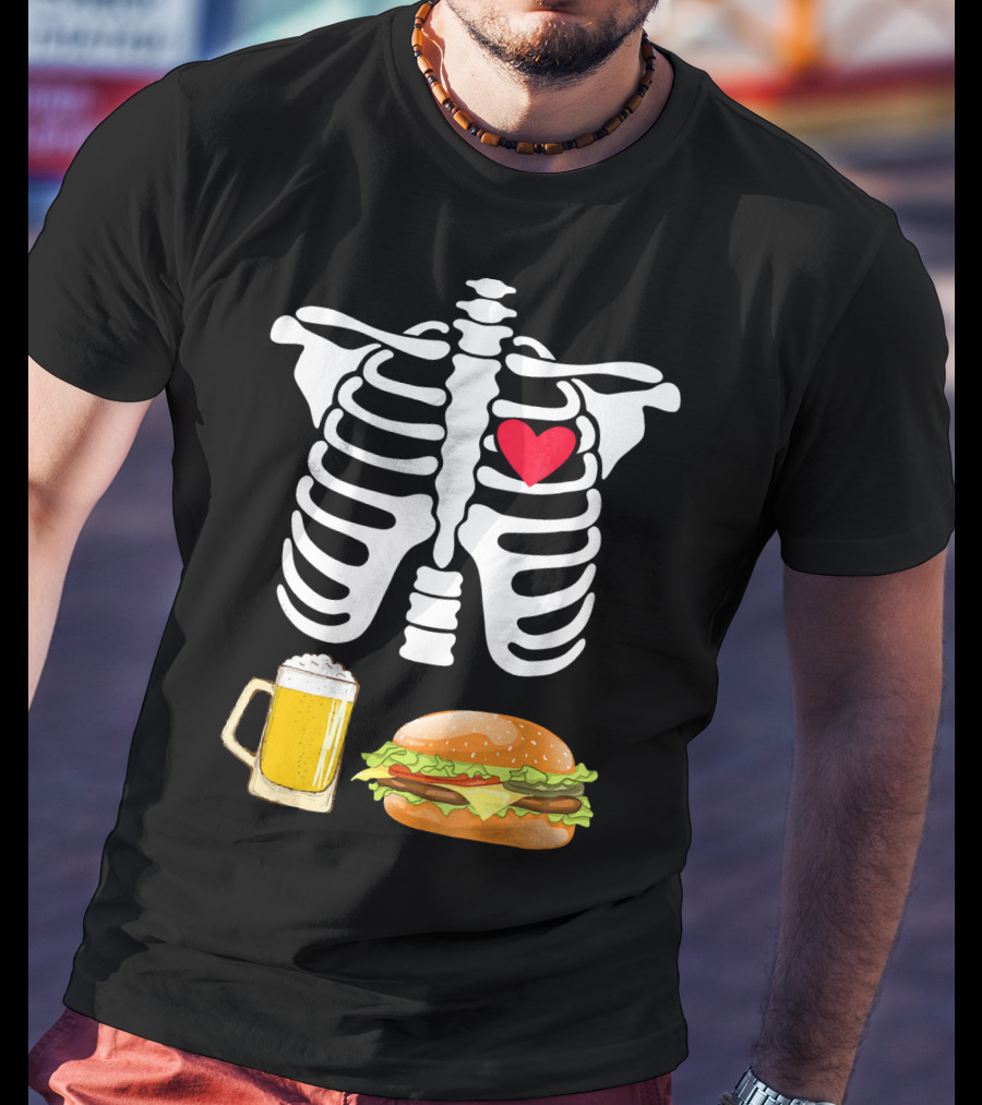Beer And Burger Heart Ribcage Skeleton T-Shirt