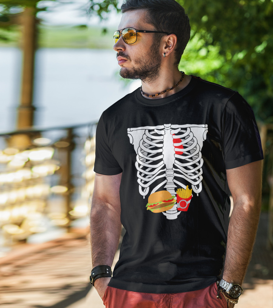 Skeleton Ribcage With Burger And Fries T-Shirt