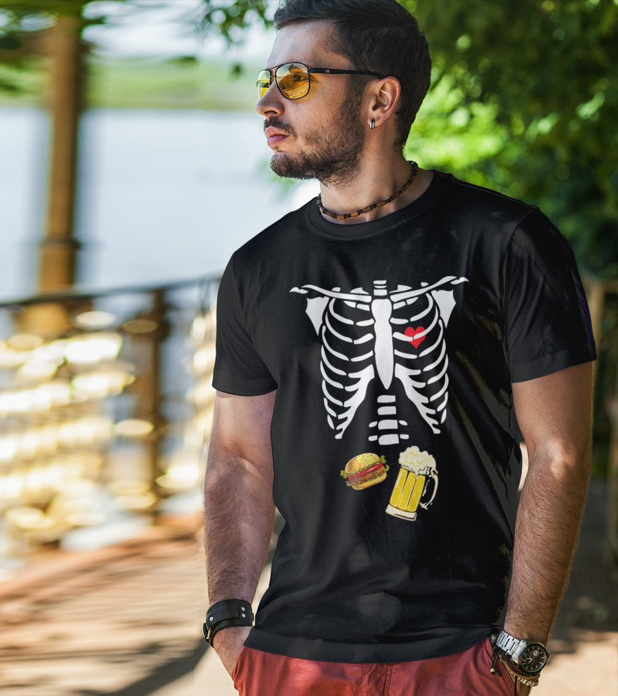 Beer Hamburger Skeleton Ribcage Heart T-Shirt