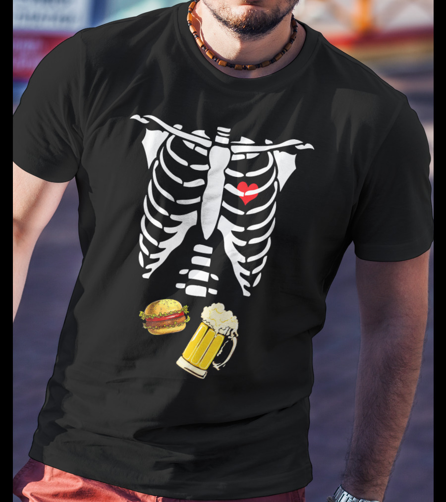 Beer Hamburger Skeleton Ribcage Heart T-Shirt