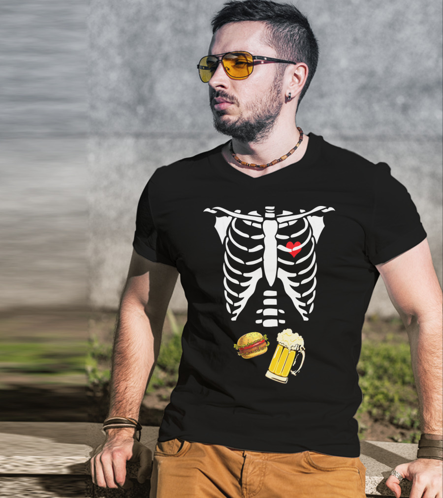 Beer Hamburger Skeleton Ribcage Heart T-Shirt