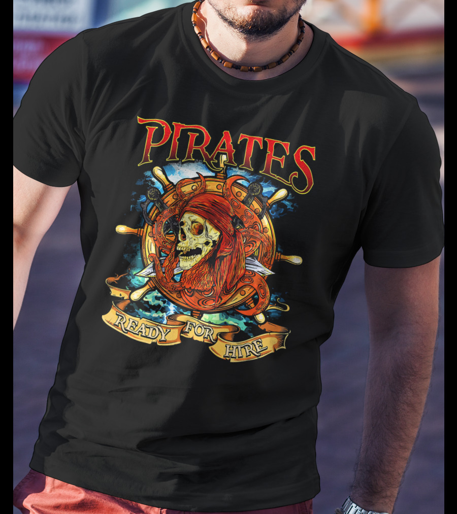 Pirates Ready For Hire Skull With Red Bandana Steering Wheel T-Shirt