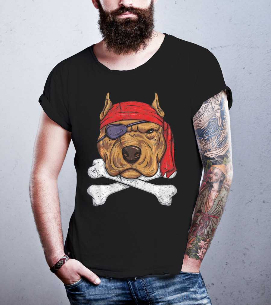 Vintage Pirate Dog Funny Puppy Crossbones Eyepatch Red Bandana T-Shirt