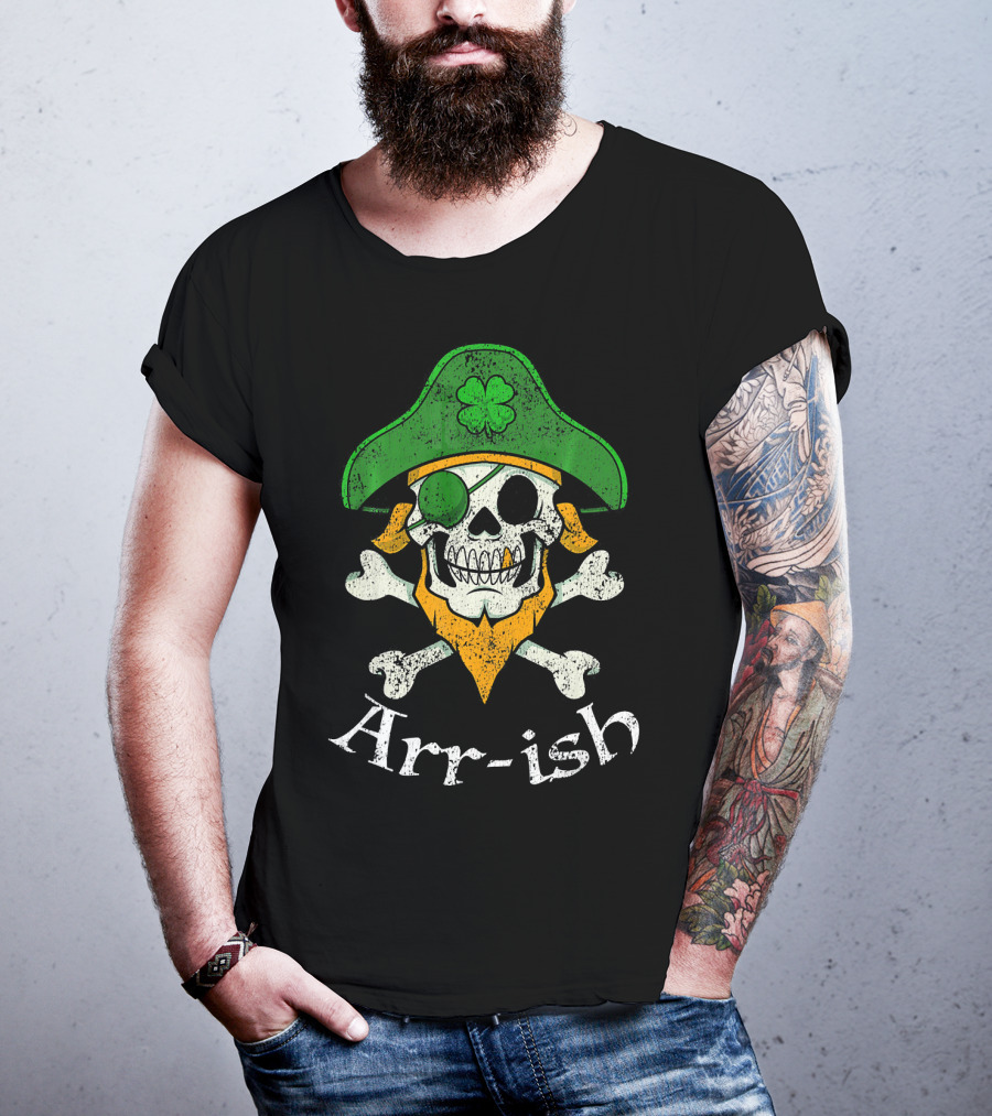 Arr-ish Funny Irish Skull Clover Pirate Beard T-Shirt