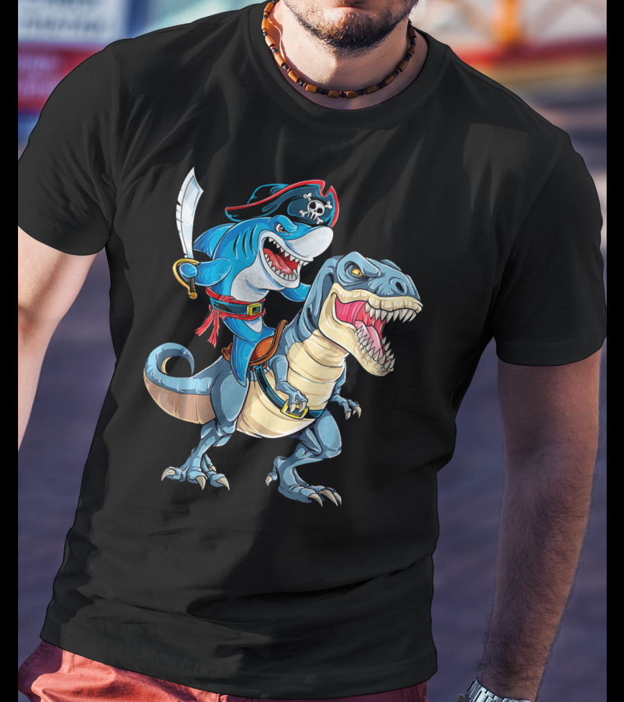 Pirate Shark Riding A Dinosaur T-Rex Jaws T-Shirt