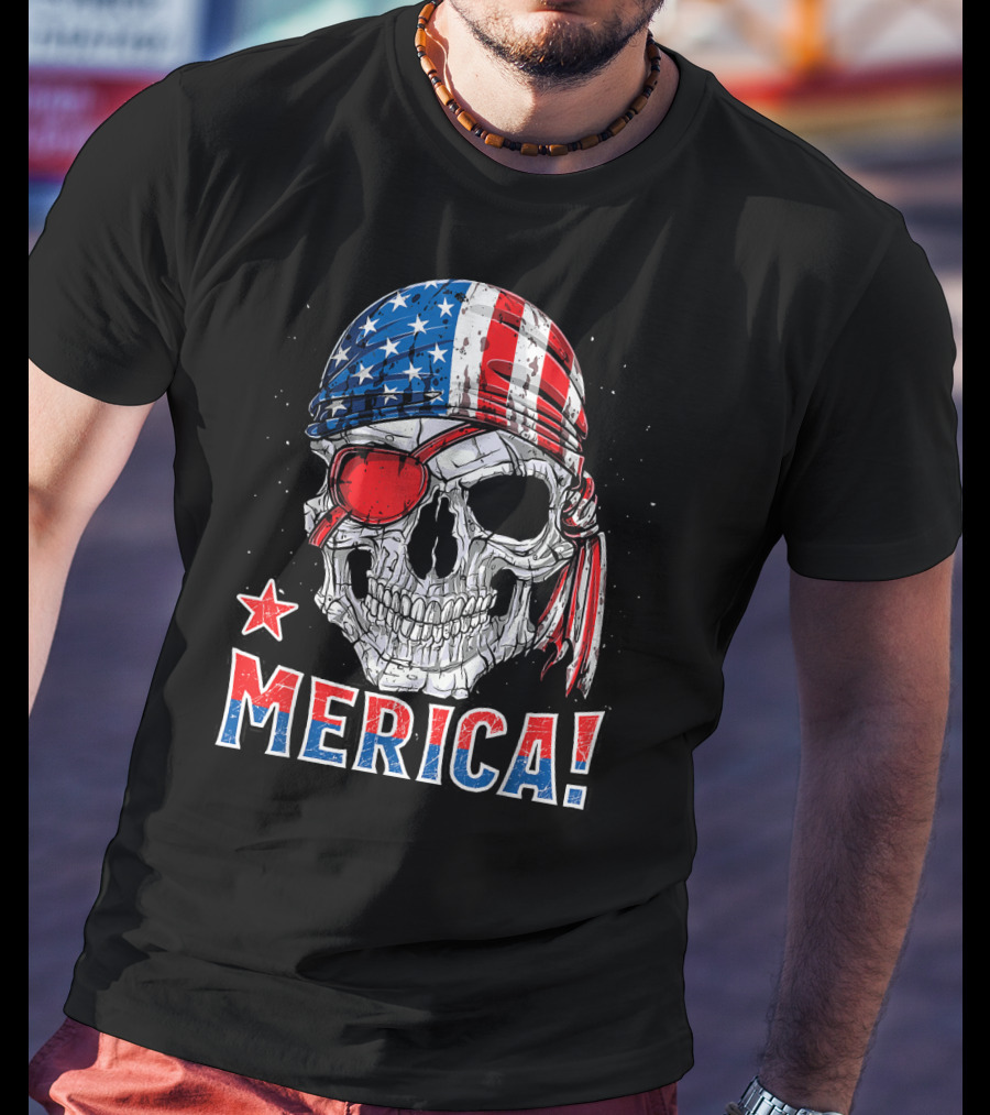 Merica Pirate Skull With American Flag Bandana And Red Eyepatch T-Shirt