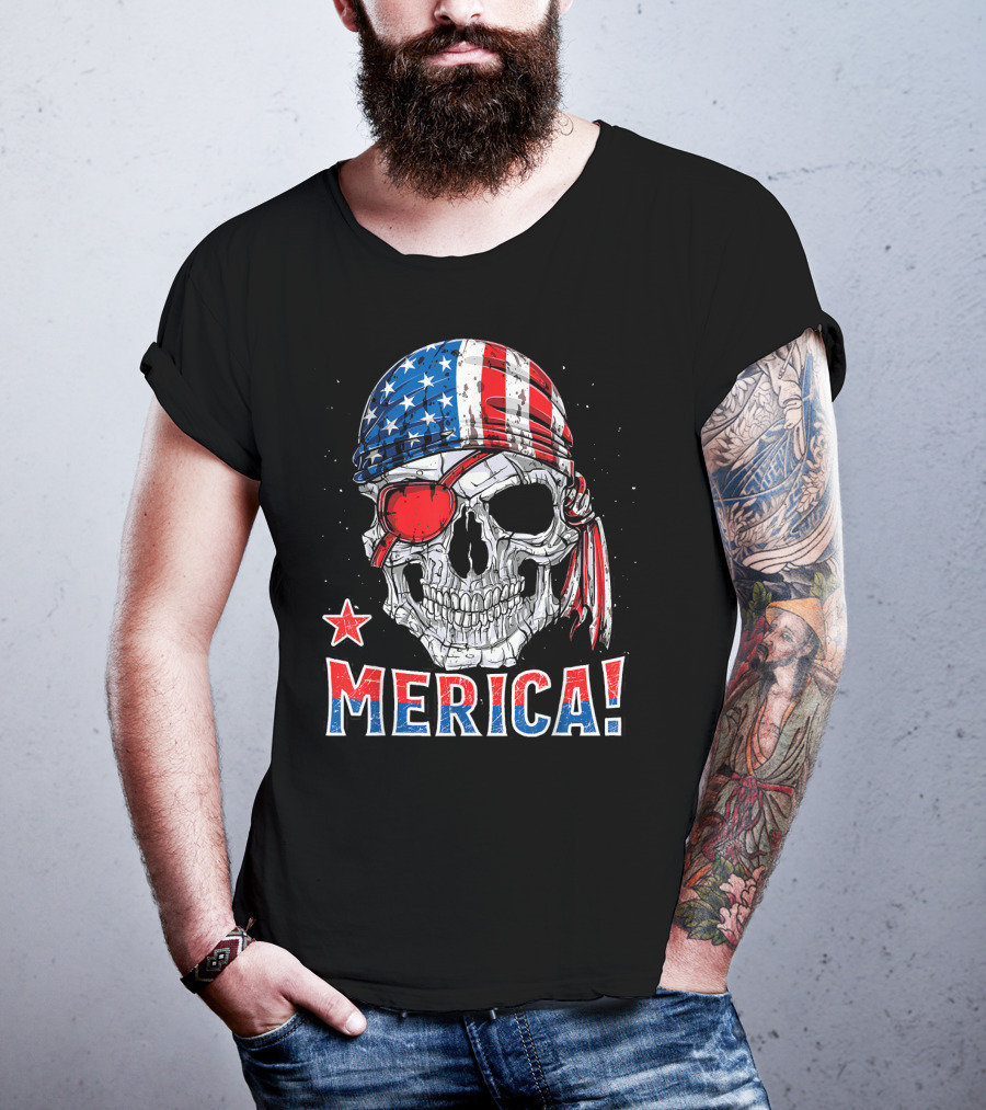 Merica Pirate Skull With American Flag Bandana And Red Eyepatch T-Shirt