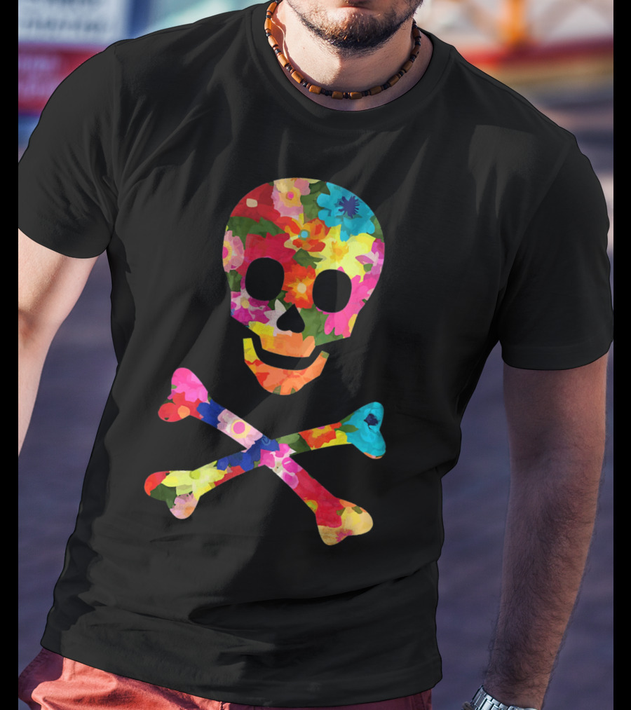 Flower Skull And Crossbones Funky Pirate Multicolor Floral T-Shirt
