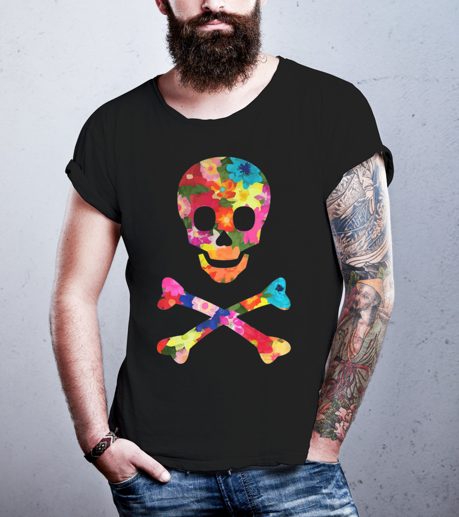 Flower Skull And Crossbones Funky Pirate Multicolor Floral T-Shirt