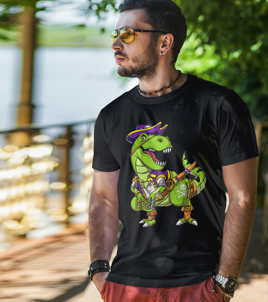 T Rex Dinosaur Pirate Captain With Hat And Hook In Green And Purple T-Shirt