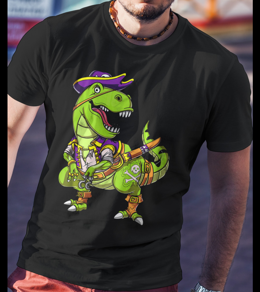 T Rex Dinosaur Pirate Captain With Hat And Hook In Green And Purple T-Shirt