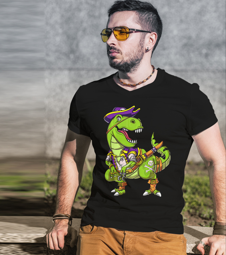 T Rex Dinosaur Pirate Captain With Hat And Hook In Green And Purple T-Shirt