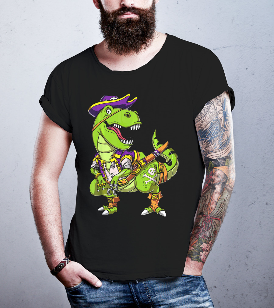 T Rex Dinosaur Pirate Captain With Hat And Hook In Green And Purple T-Shirt