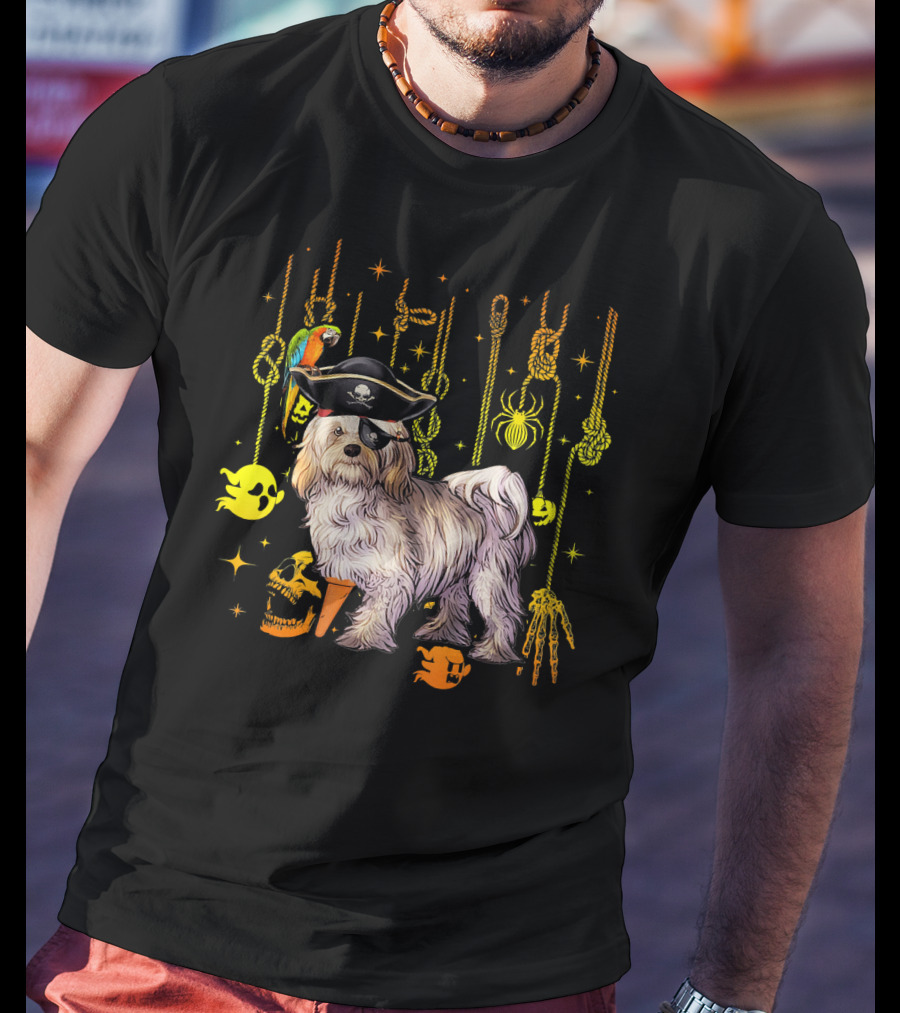 Havanese Pirate Halloween Dog With Parrot And Skulls T-Shirt