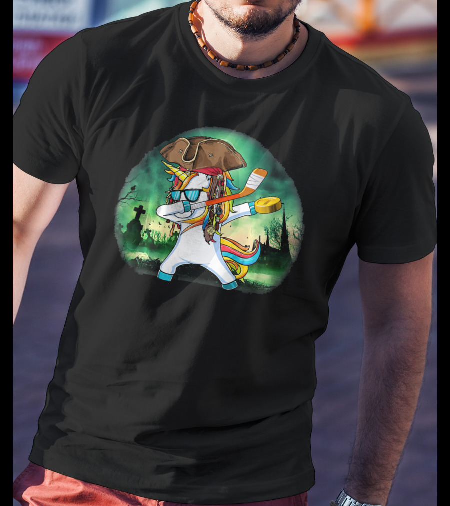 Dabbing Pirate Unicorn With Hockey Stick In Spooky Graveyard Scene T-Shirt