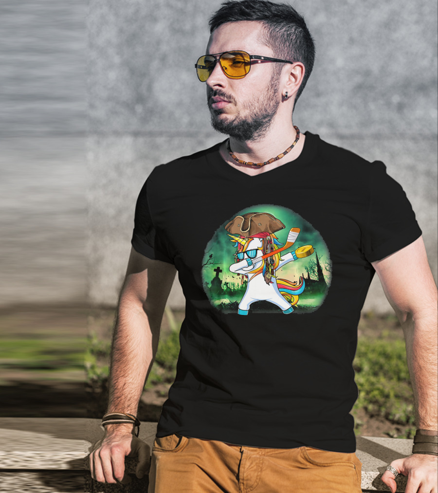 Dabbing Pirate Unicorn With Hockey Stick In Spooky Graveyard Scene T-Shirt