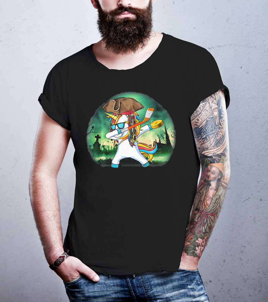Dabbing Pirate Unicorn With Hockey Stick In Spooky Graveyard Scene T-Shirt