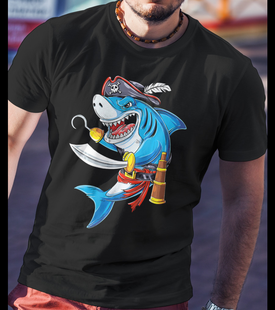 Shark Pirate Costume Jolly Roger Flag With Hook And Sword T-Shirt