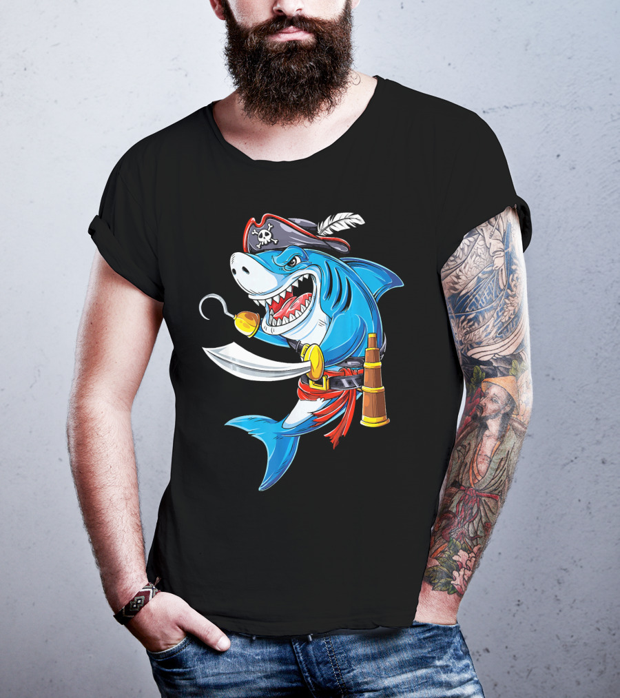 Shark Pirate Costume Jolly Roger Flag With Hook And Sword T-Shirt