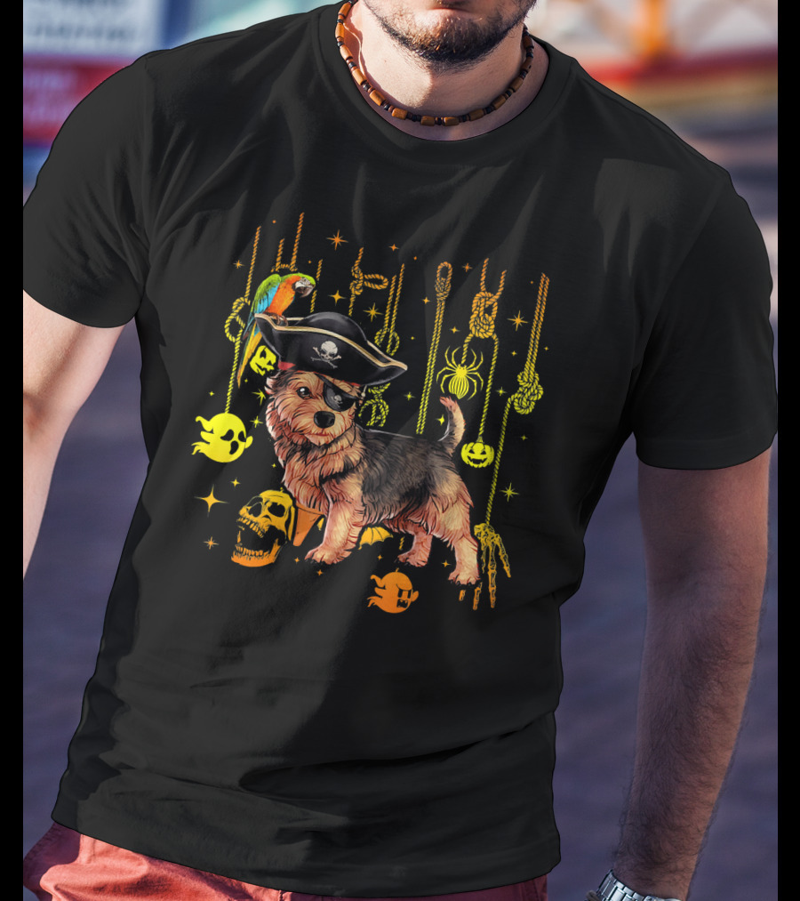 Norwich Terrier Pirate With Halloween Ghosts And Skull T-Shirt