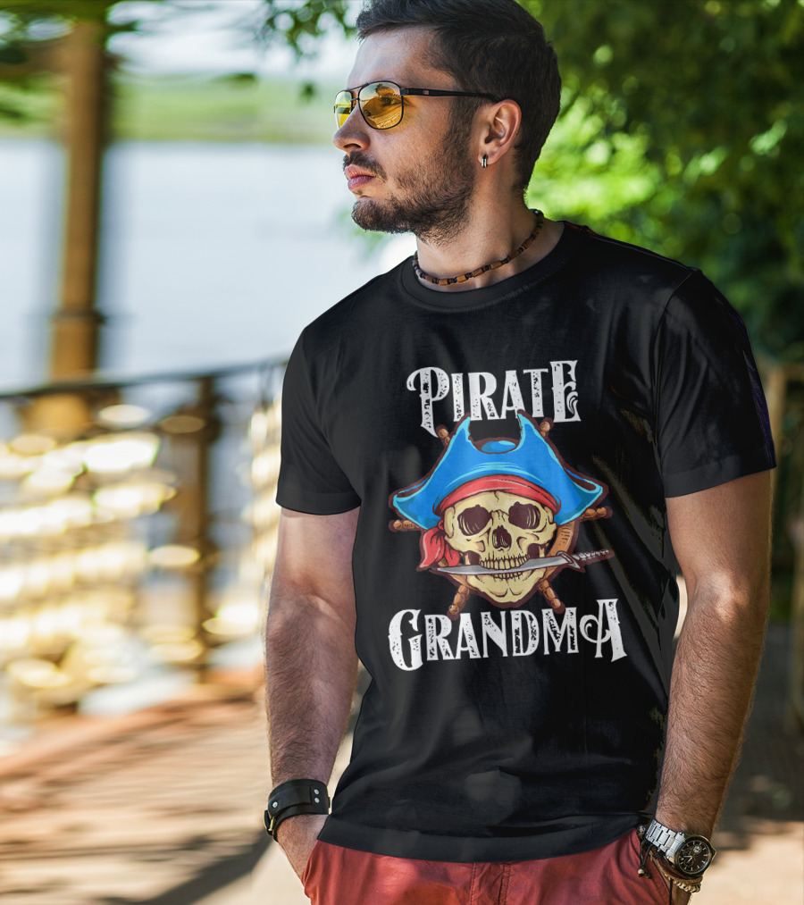 Pirate Grandma Skull With Blue Hat And Sword T-Shirt