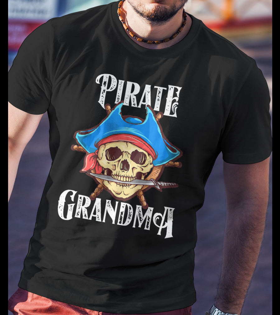 Pirate Grandma Skull With Blue Hat And Sword T-Shirt