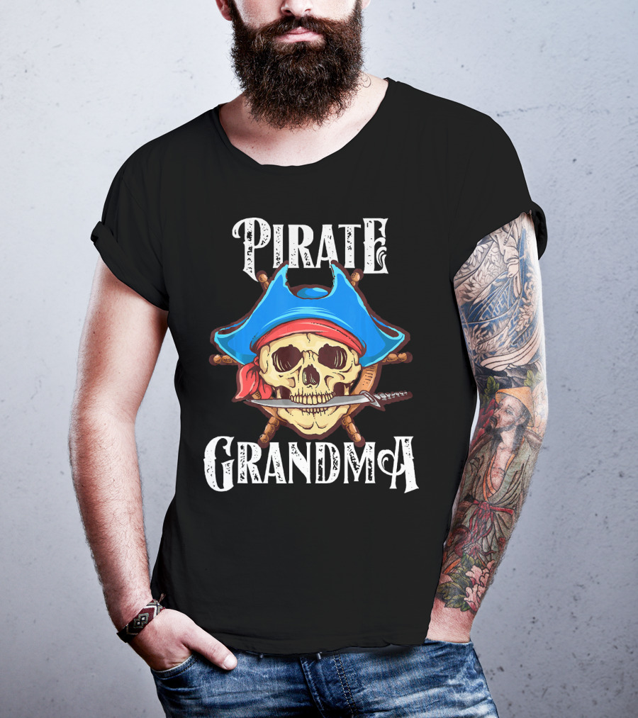 Pirate Grandma Skull With Blue Hat And Sword T-Shirt