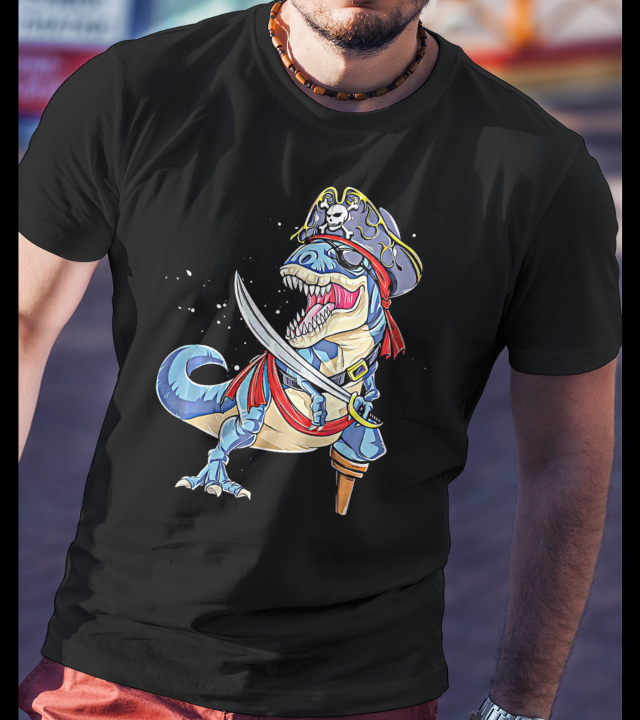 Pirate Dinosaur With Sword And Skull Hat T-Shirt