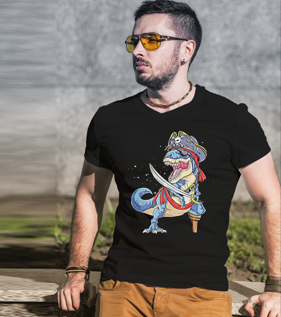 Pirate Dinosaur With Sword And Skull Hat T-Shirt