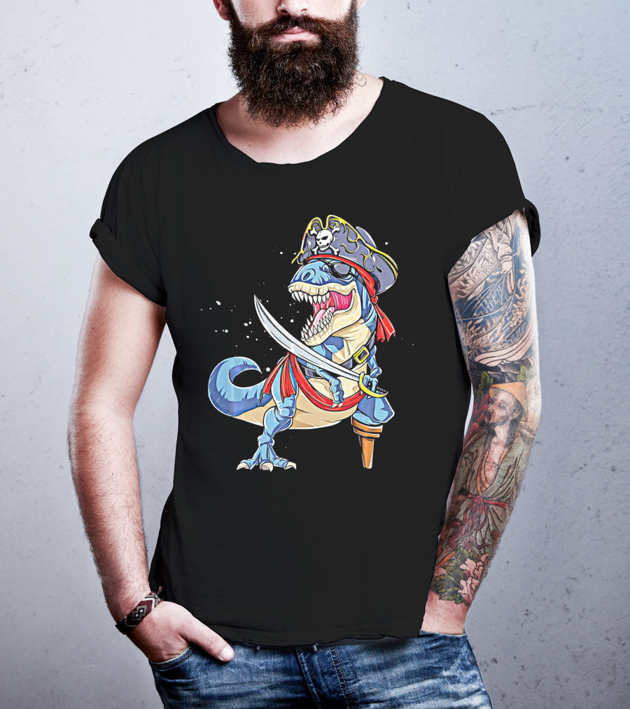 Pirate Dinosaur With Sword And Skull Hat T-Shirt